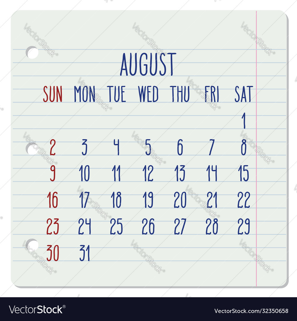 August year 2020 monthly notebook page calendar Vector Image