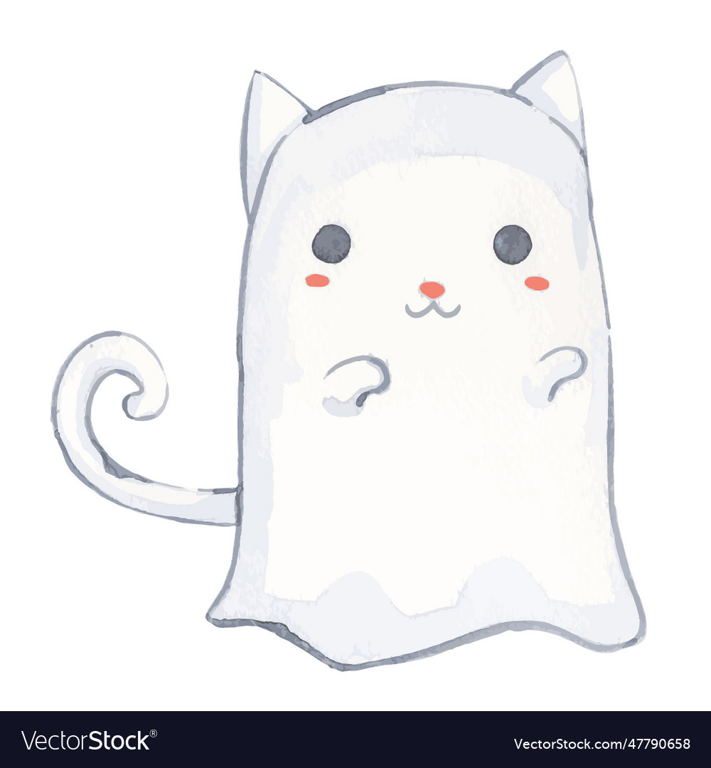 White cat ghost cartoon character watercolor Vector Image