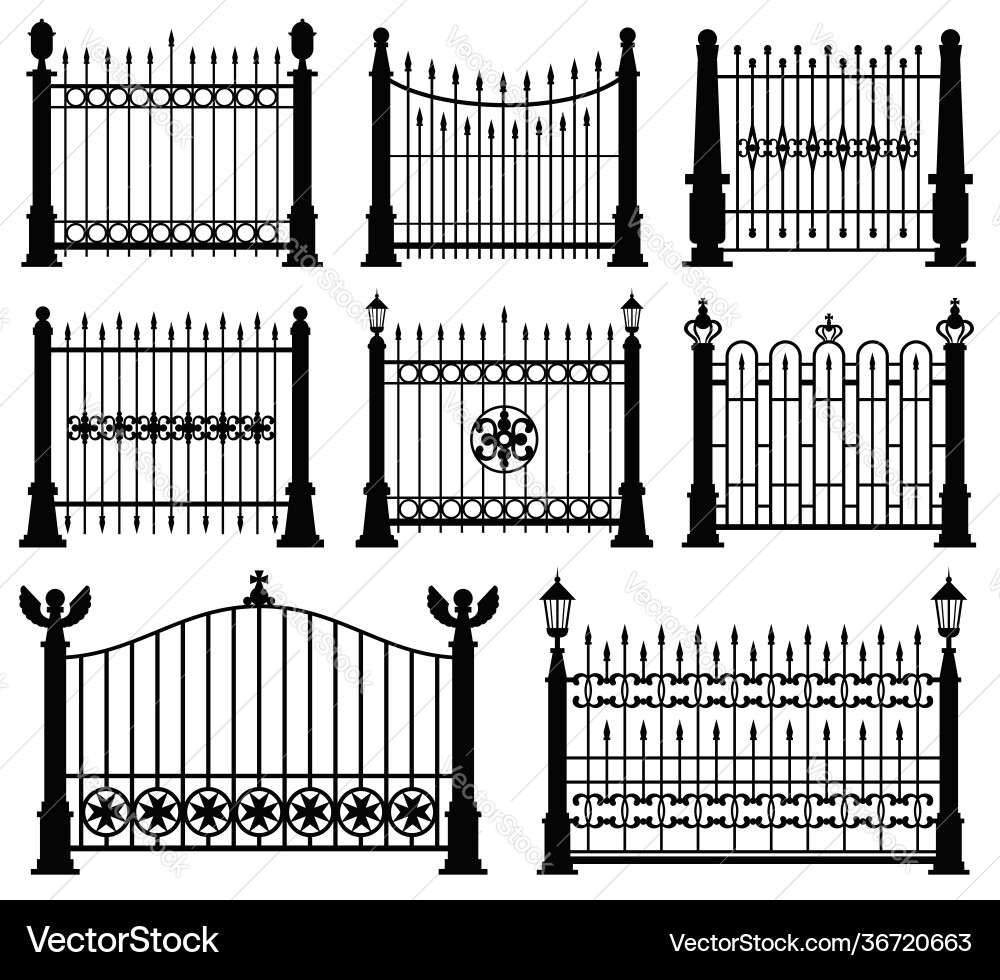 Decorative wrought fences and gates set Royalty Free Vector