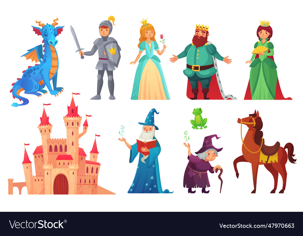 Fairy tales characters fantasy knight and dragon Vector Image