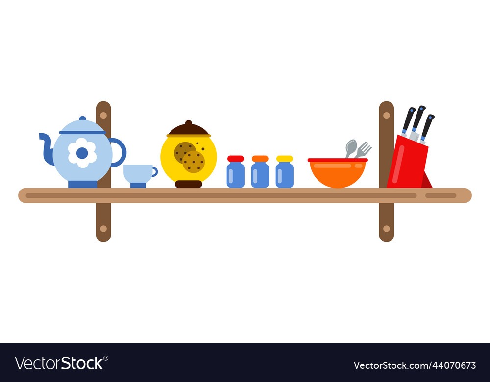 Crockery and cooking tools on kitchen shelf Vector Image