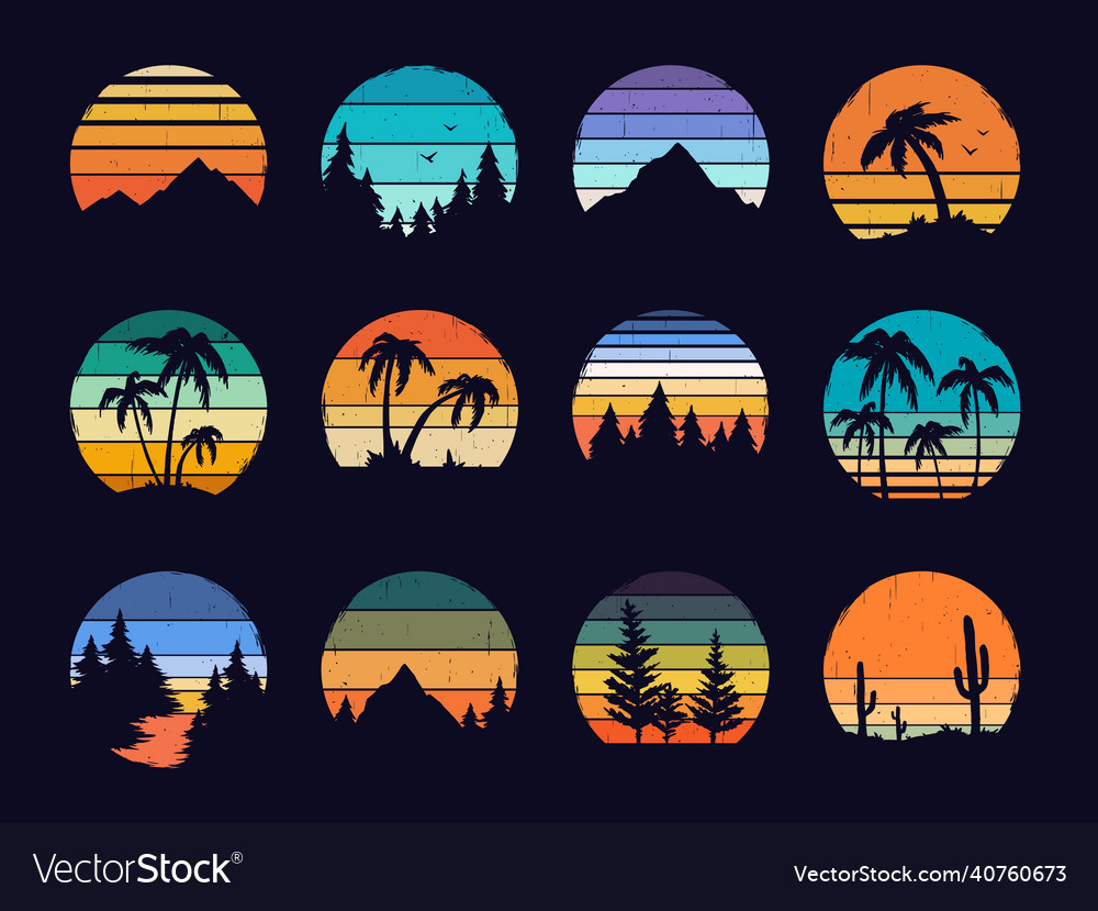 Retro sunset 80s style grunge striped sunsets vector image Retro sunset 80s style grunge striped sunsets