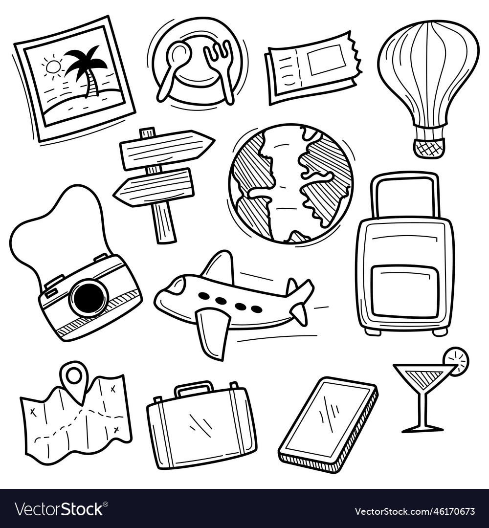 Set of travel doodle with black and white color Vector Image