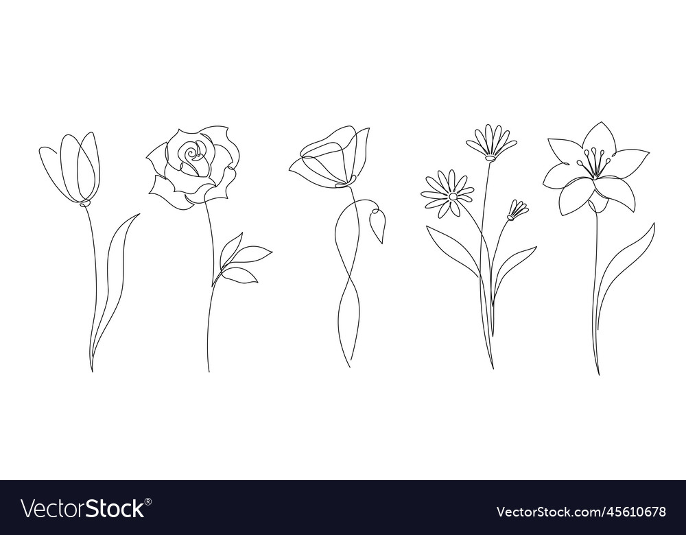 Flower set continuous outline style decoration Vector Image