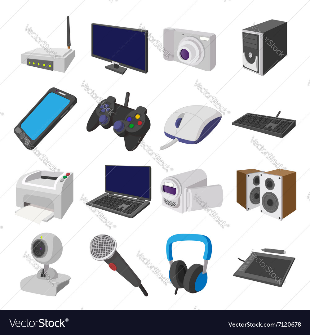 Technology and devices cartoon icons set