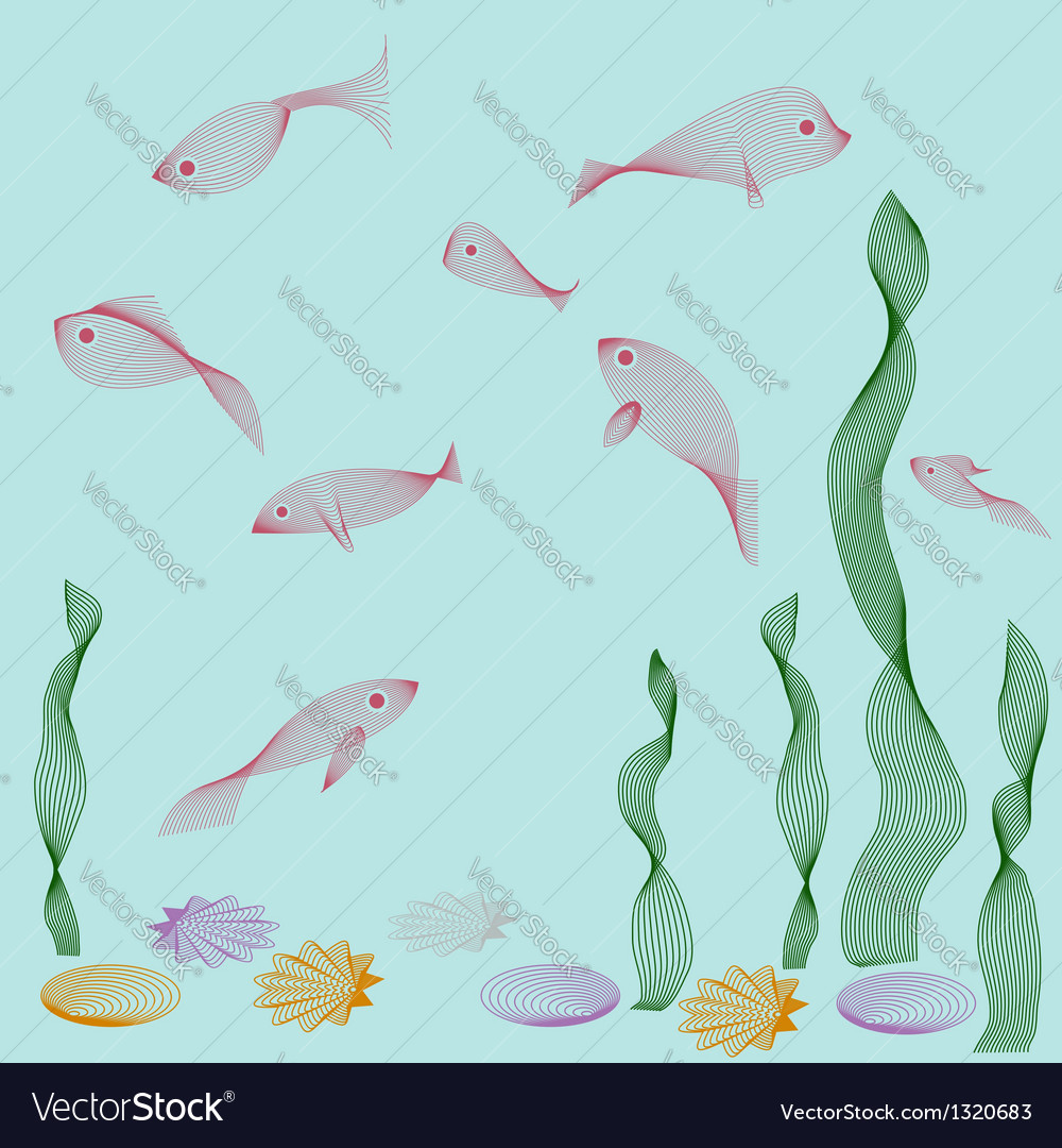 Aquarium objects fishes seaweed shells Royalty Free Vector