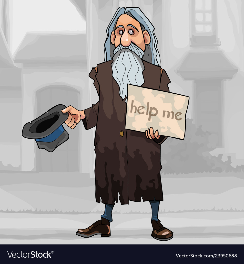 Cartoon homeless gray haired man begs for alms Vector Image Cartoon homeless gray haired man begs for alms Vector Image