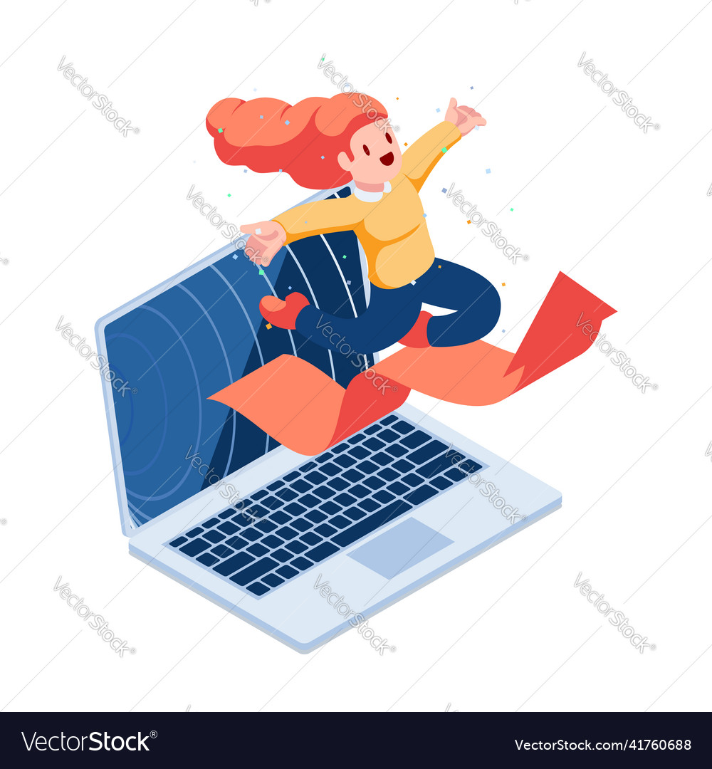 Isometric woman jumping out from laptop monitor Vector Image
