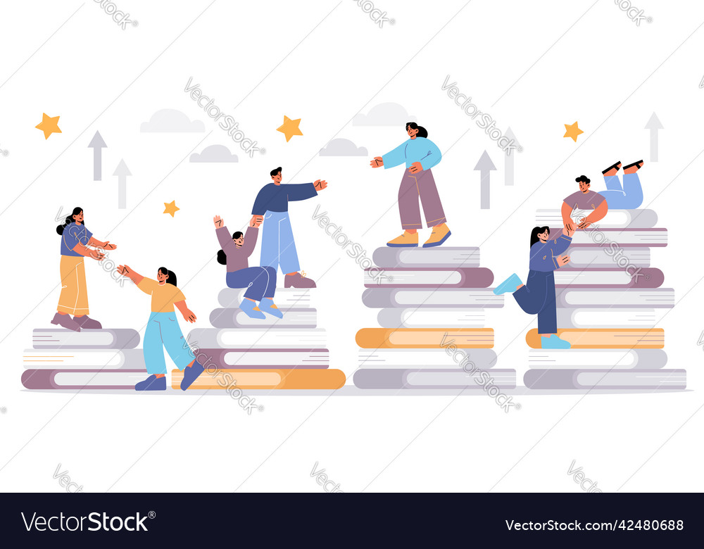 People Stand On Book Piles Help Friends To Climb Vector Image