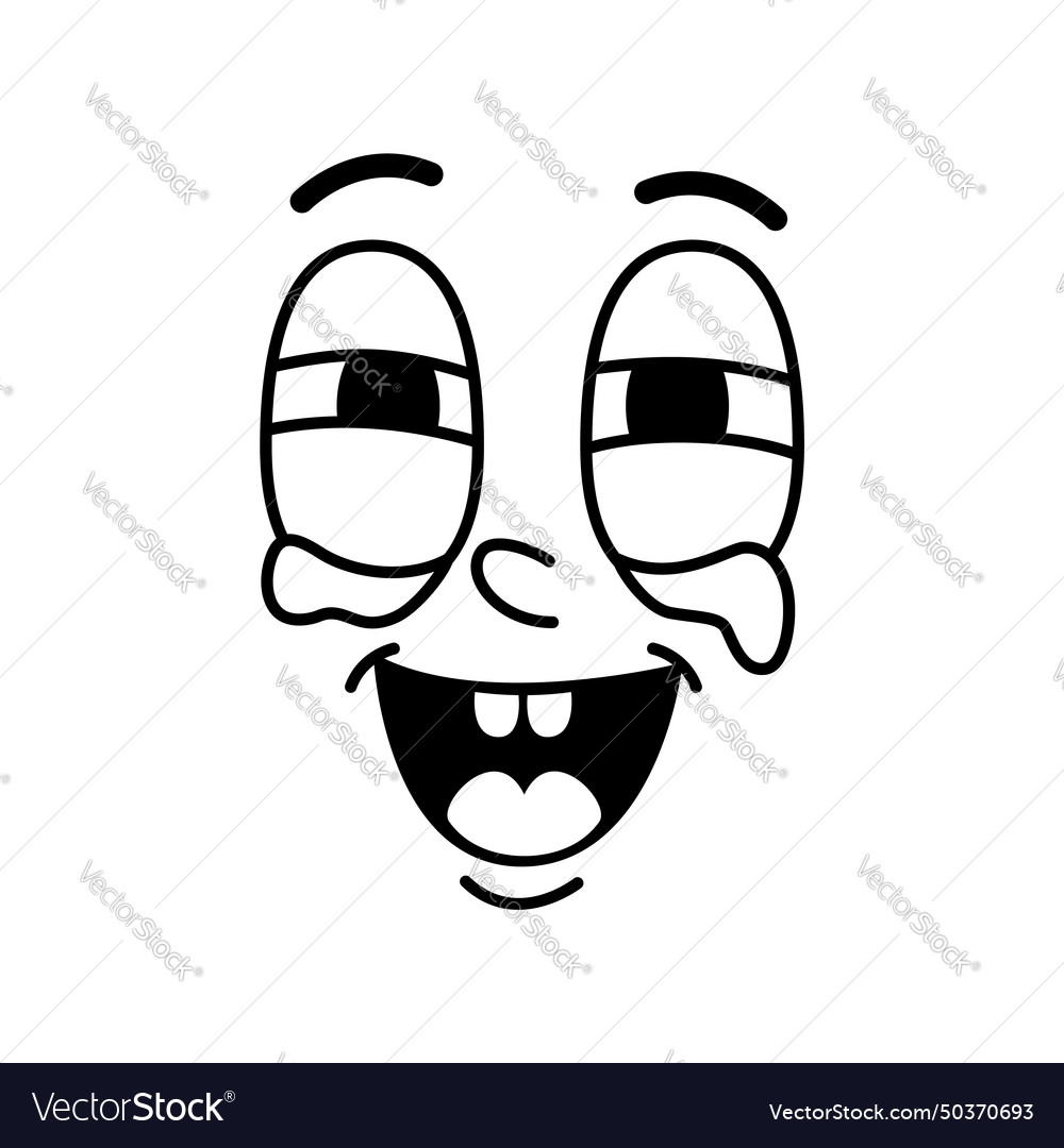 Cartoon comic groovie face emoji with lol laughing