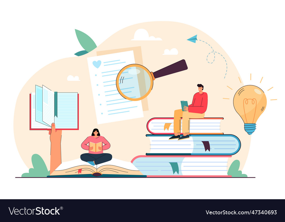 Tiny people reading books from list of quality Vector Image