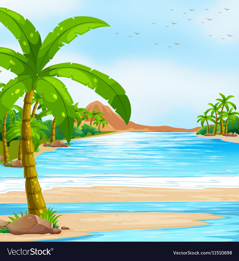 Scene with blue ocean and coconut trees Royalty Free Vector