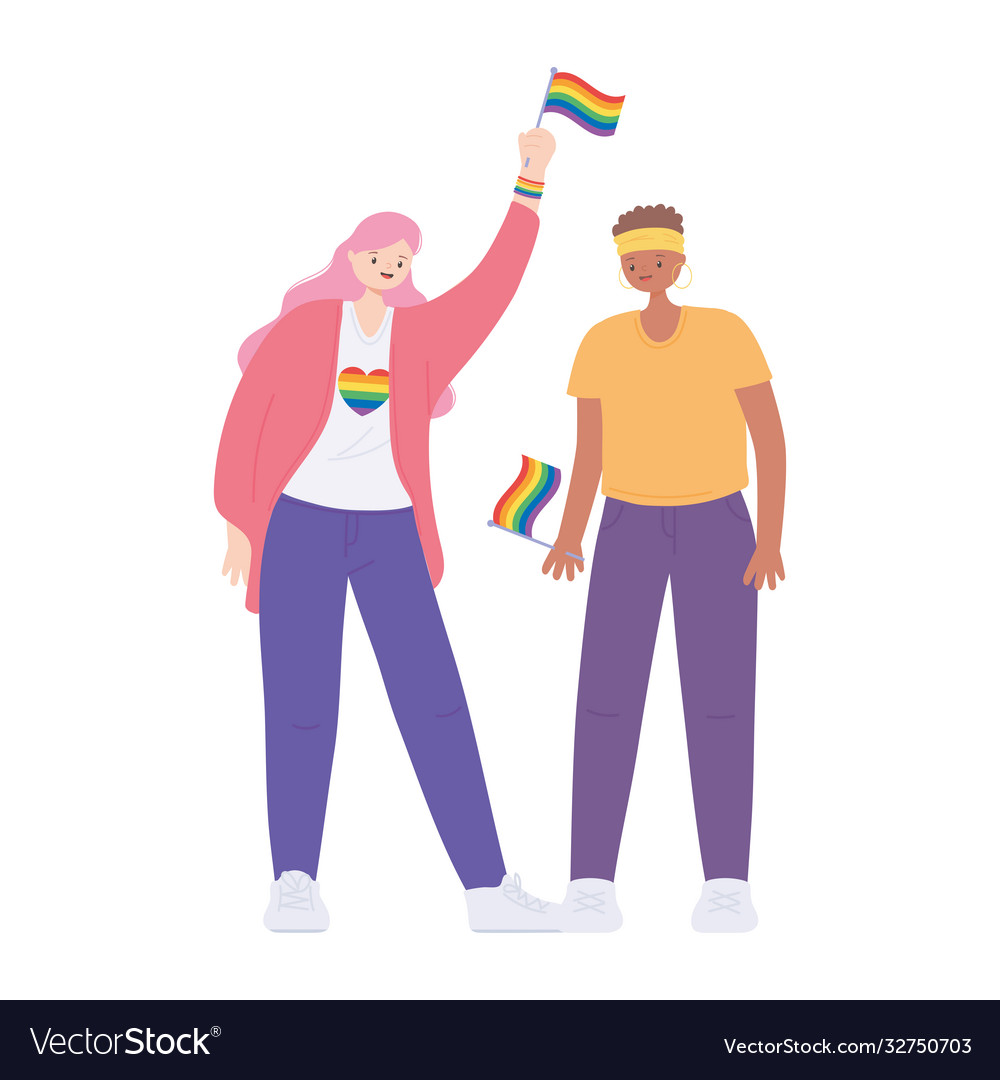 Lgbtq Community Lesbians Holding Rainbows Flag Vector Image