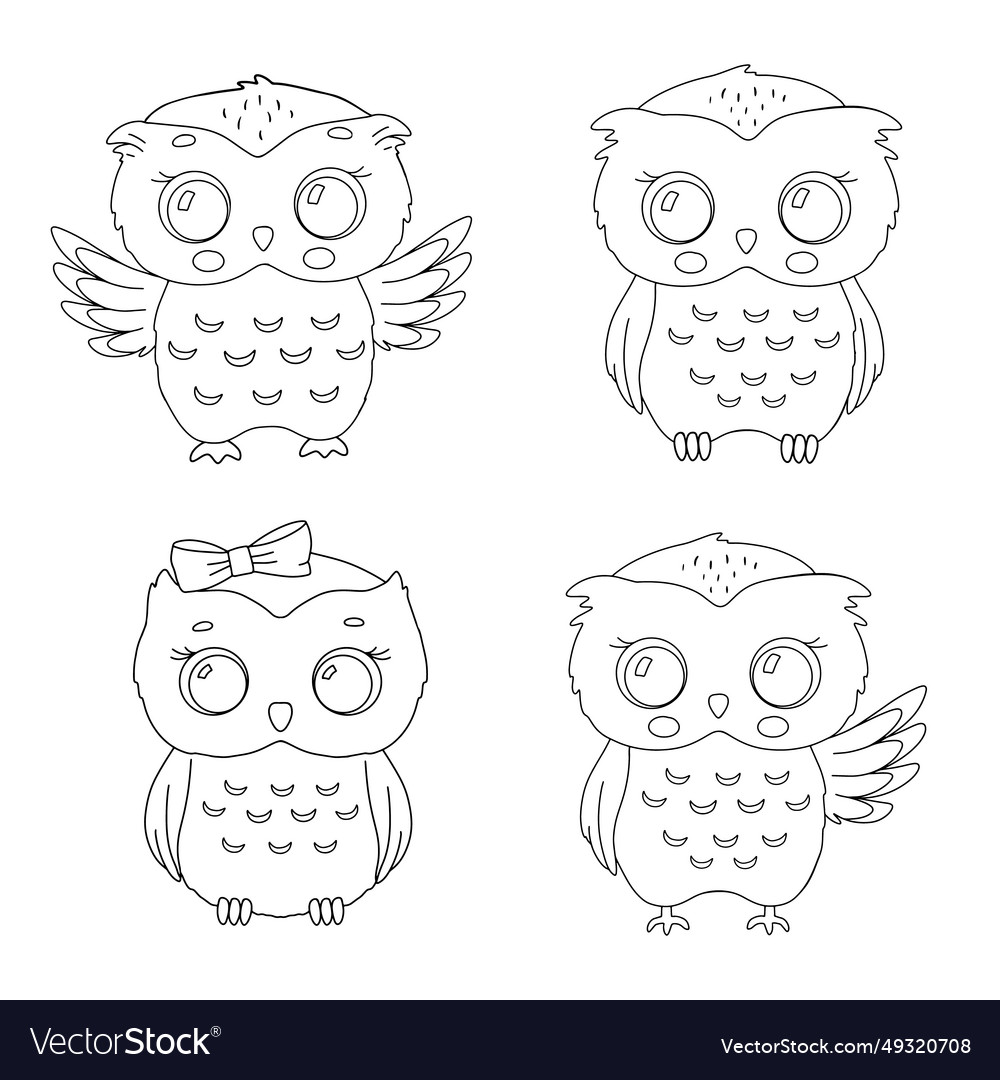 Cute little owl line set outline sketch Royalty Free Vector