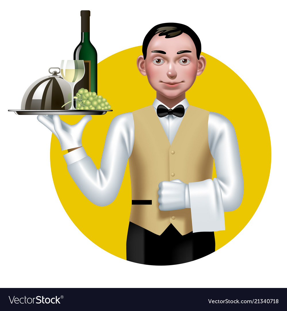 Young waiter with a tray in a yellow circle Vector Image