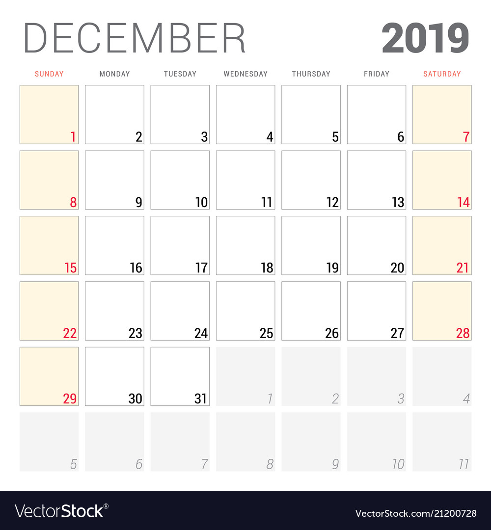 Calendar Planner For December 2019 Week Starts On Vector Image