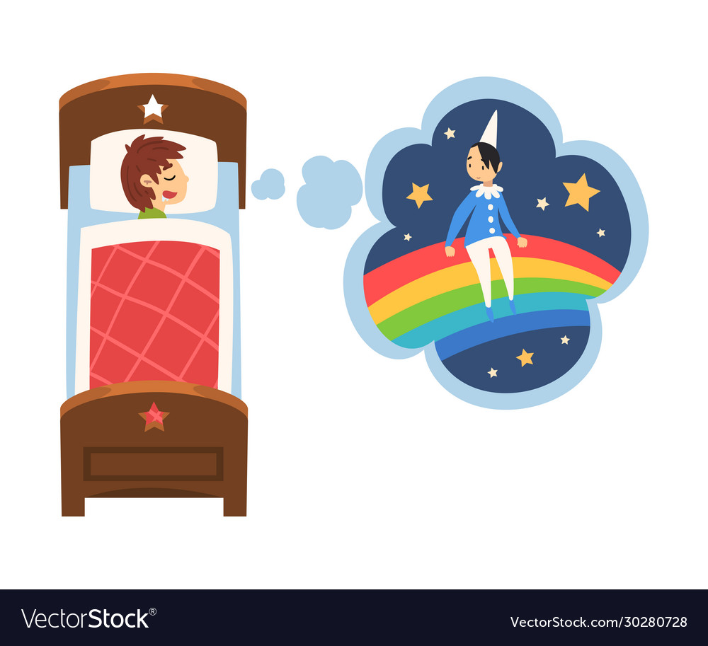 Cute boy sleeping in bed and dreaming about boy Vector Image