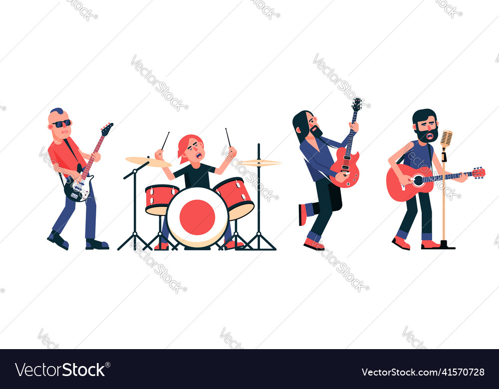 Rock band musicians with instruments in different Vector Image