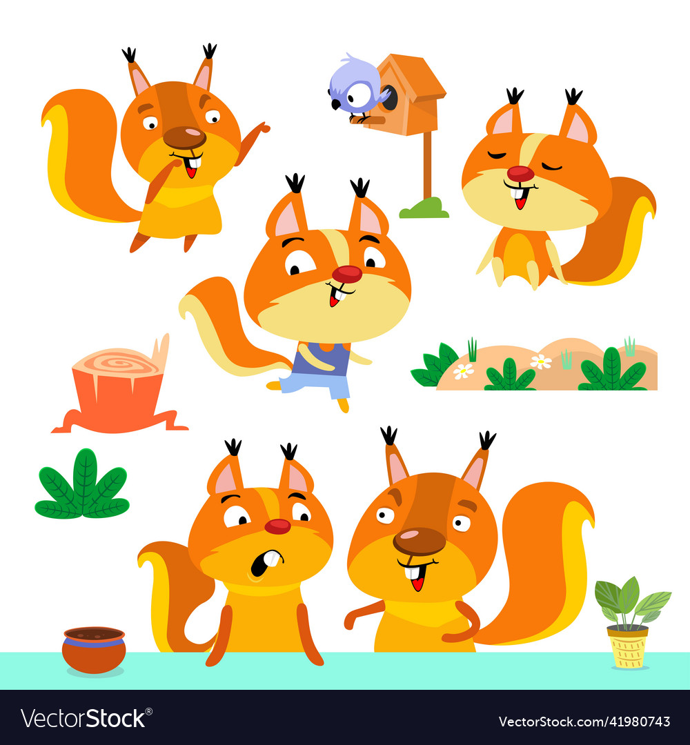 Set of cute squirrels in cartoon style Royalty Free Vector