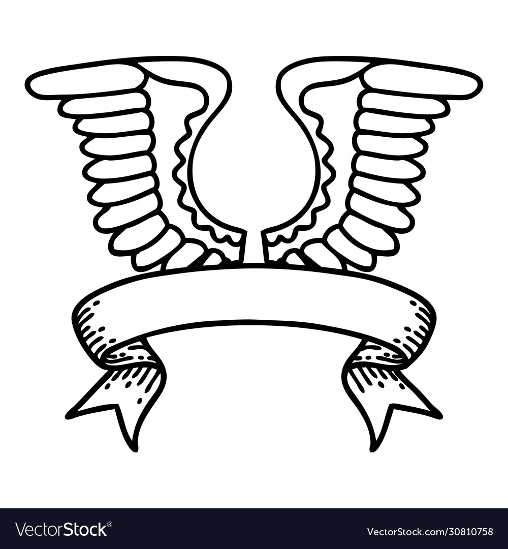 Black linework tattoo with banner a wing Vector Image