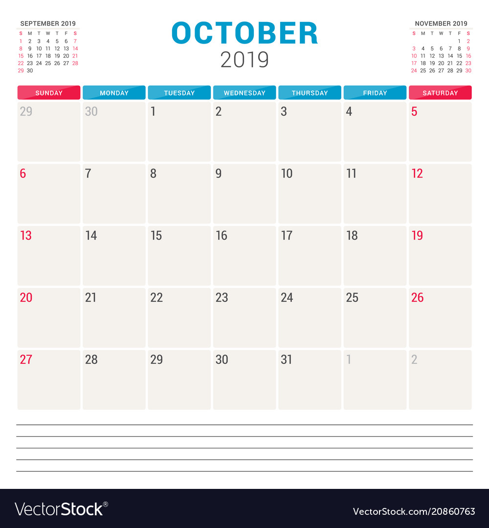 Calendar planner for october 2019 week starts Vector Image