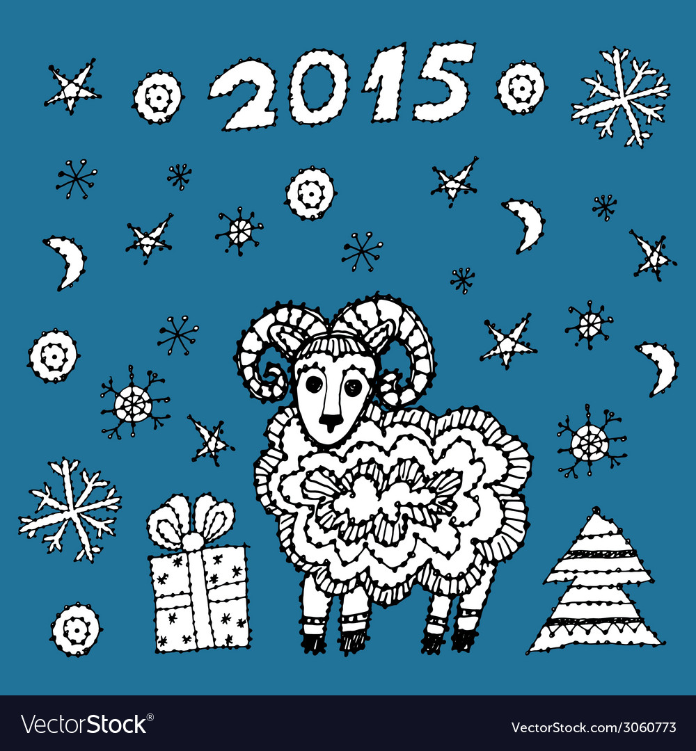 Set new year symbol 2015 sheep spruce snowflakes