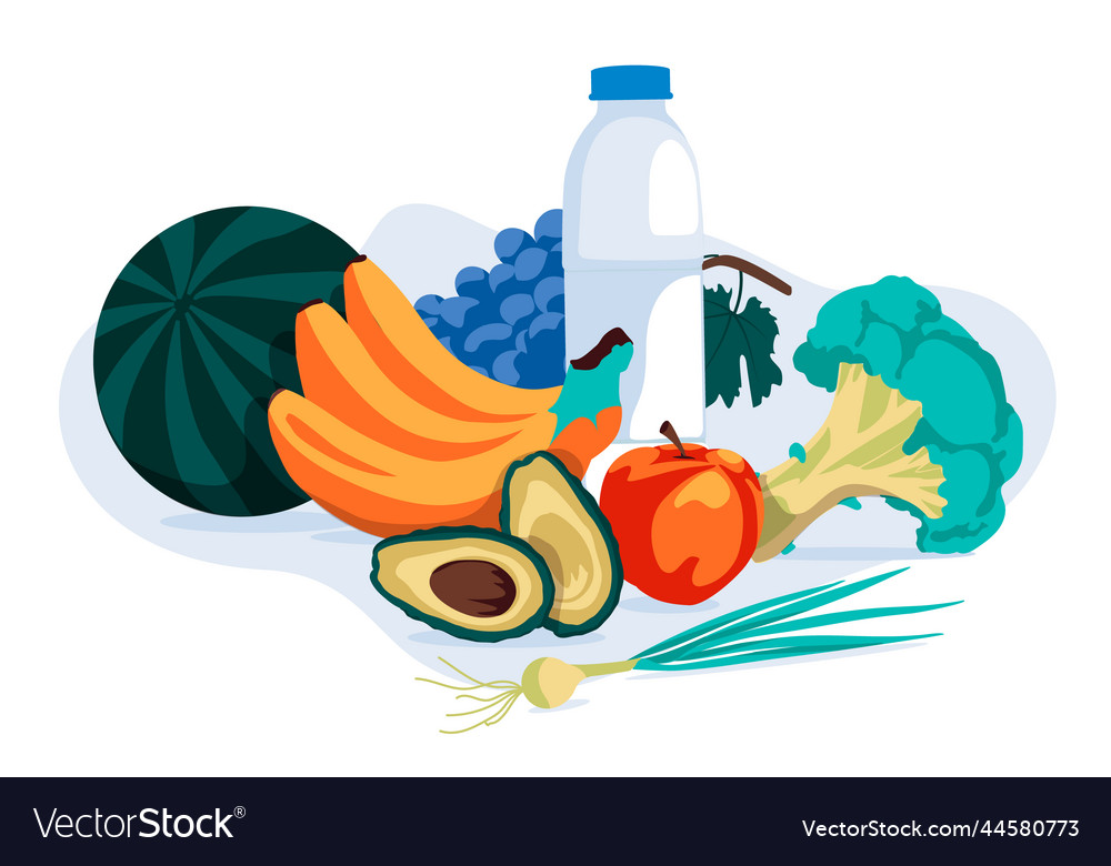 Set Of Fruits Vegetables And Water Objects Vector Image