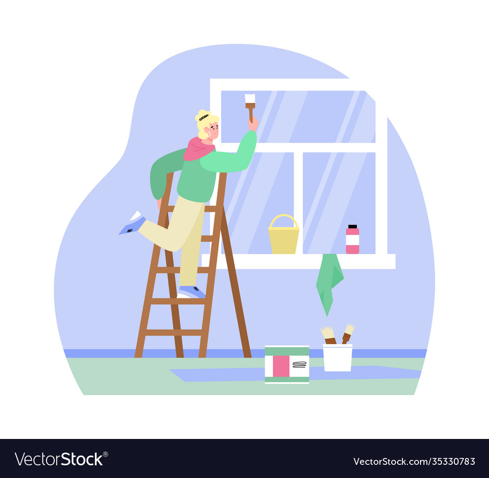 Craftsman or painter painting window frame cartoon