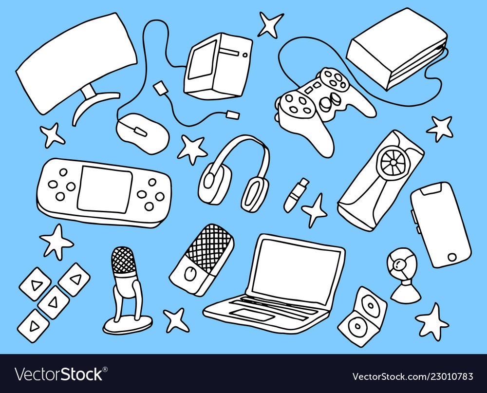 Games doodle art with blue background and hand Vector Image