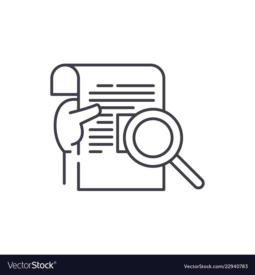 Search result icon. Research report analyse line sign. Analytics case study  outline vector symbol with magnify glass. Isolated black thin icon for  document review. suitable for app or web ui design. Stock