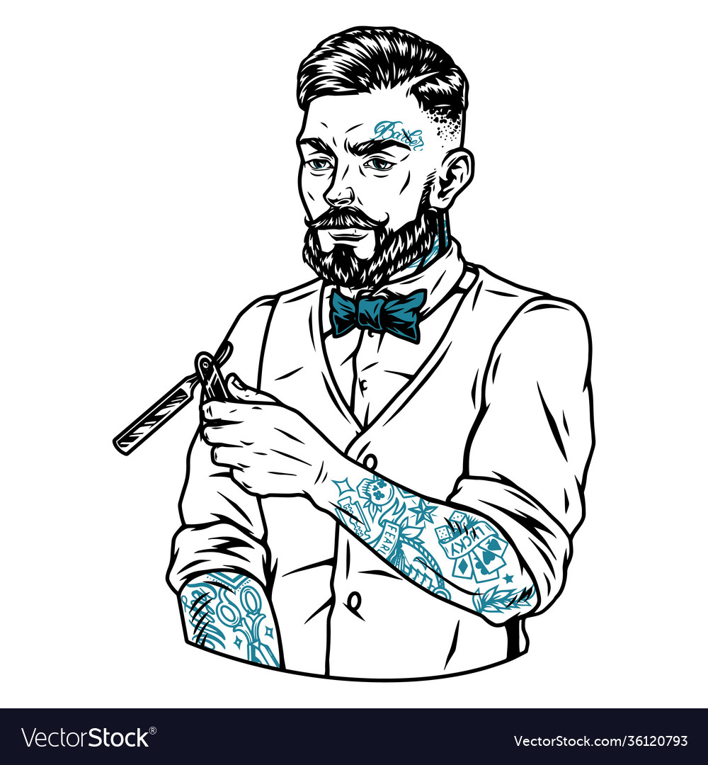 Tattooed bearded and mustached barber Royalty Free Vector