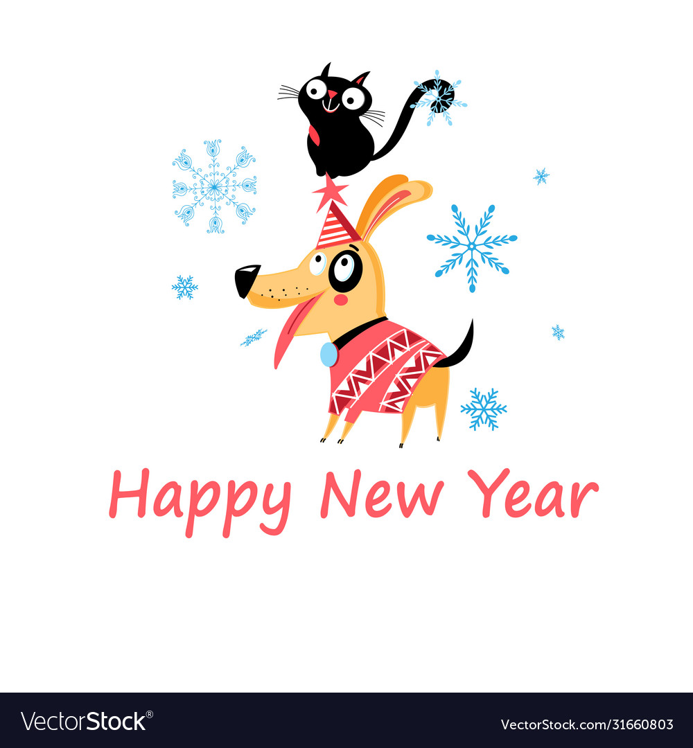 New years bright postcard with a cat and dog Vector Image