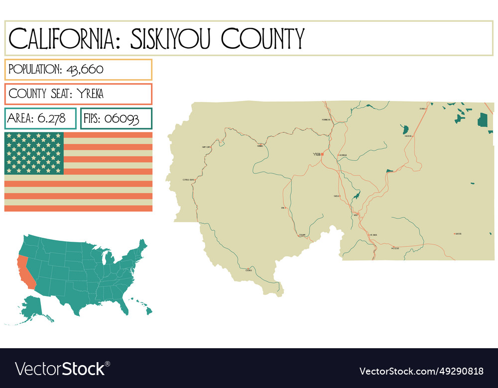 Large and detailed map of siskiyou county Vector Image