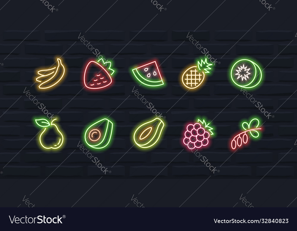 Fruits icon set in outline neon style 2 Royalty Free Vector