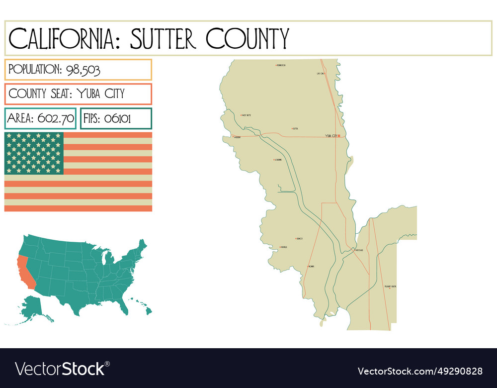 Large and detailed map of sutter county Royalty Free Vector