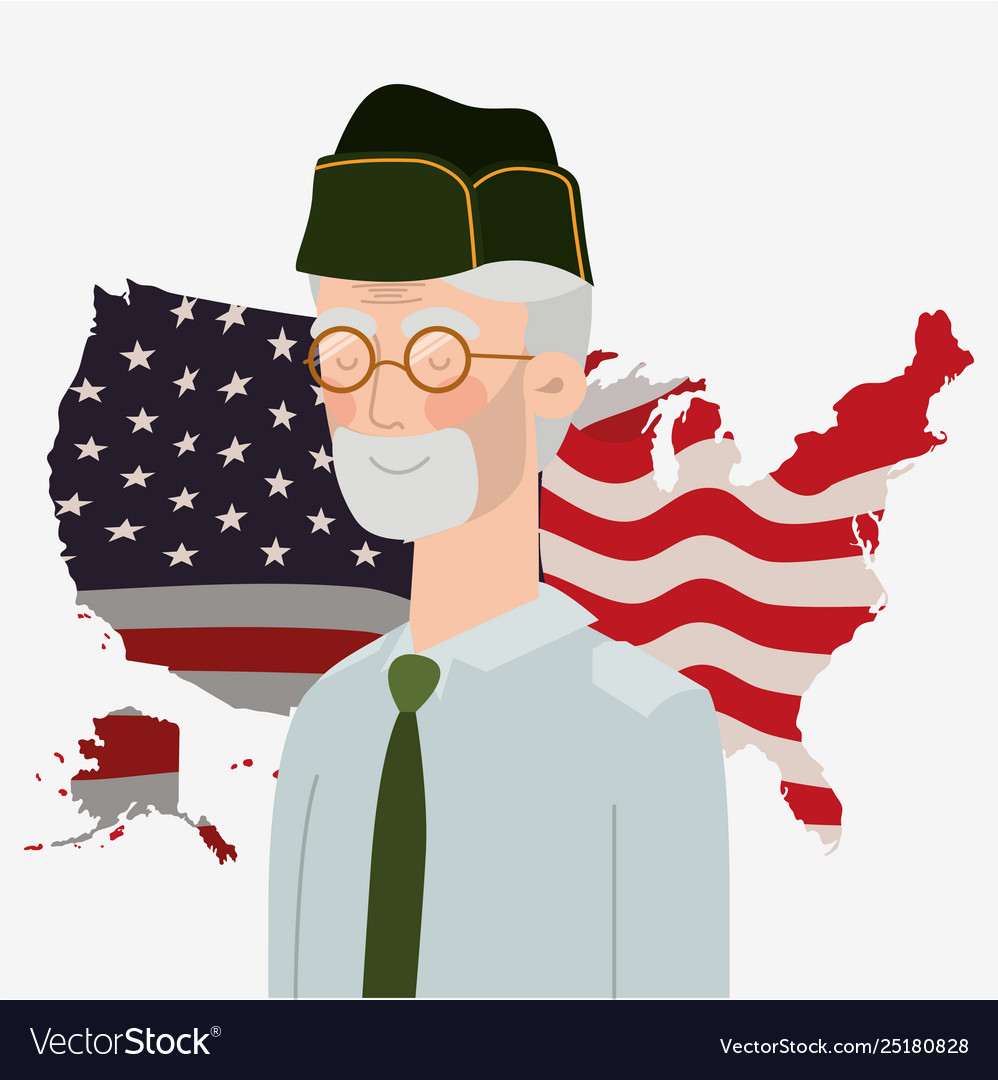 Memorial day card with veteran and usa flag in map