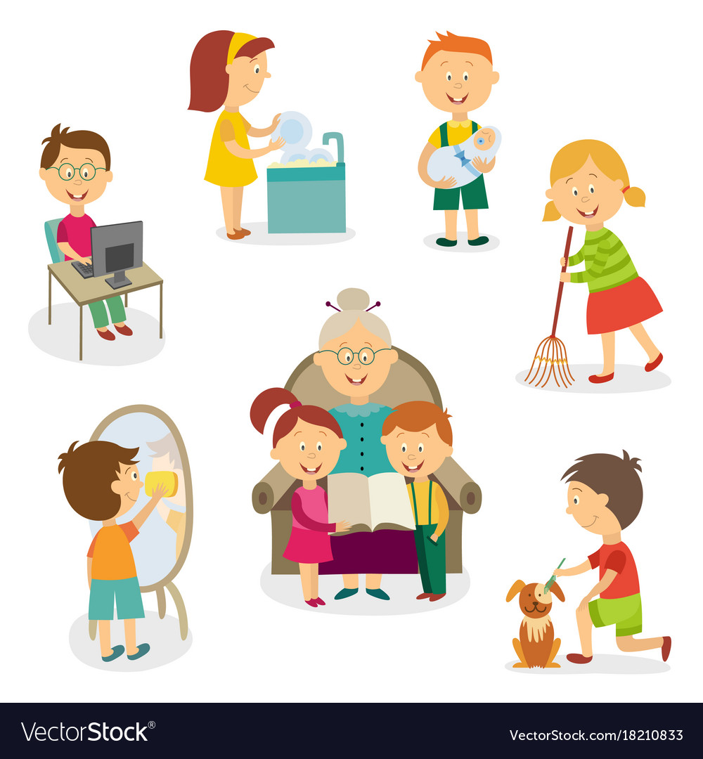 Kids Children Doing Home Activities Chores Vector Image