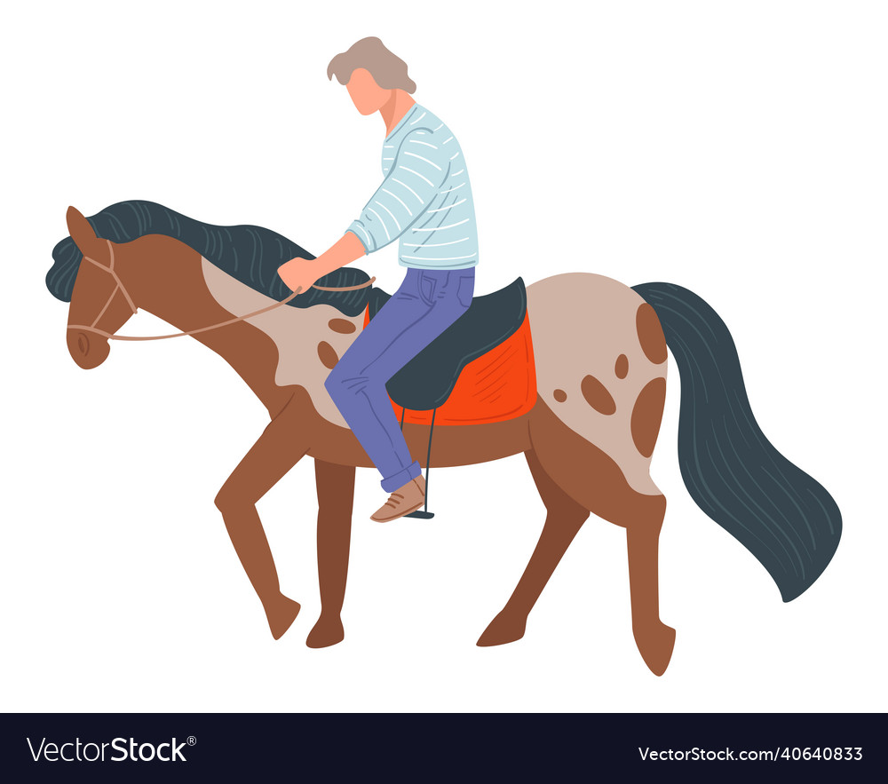 Senior male learning riding horseback sportive man