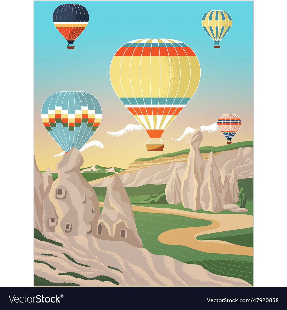 Air hot balloon flying over stone monument Vector Image