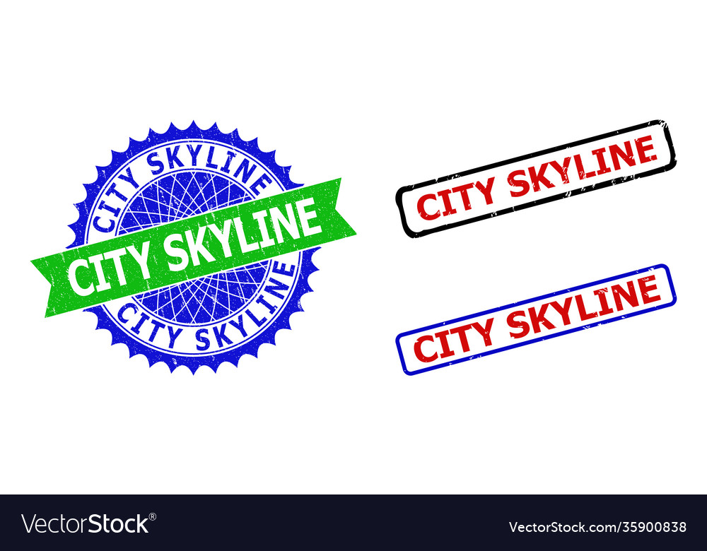 City Skyline Rosette And Rectangle Bicolor Seals Vector Image