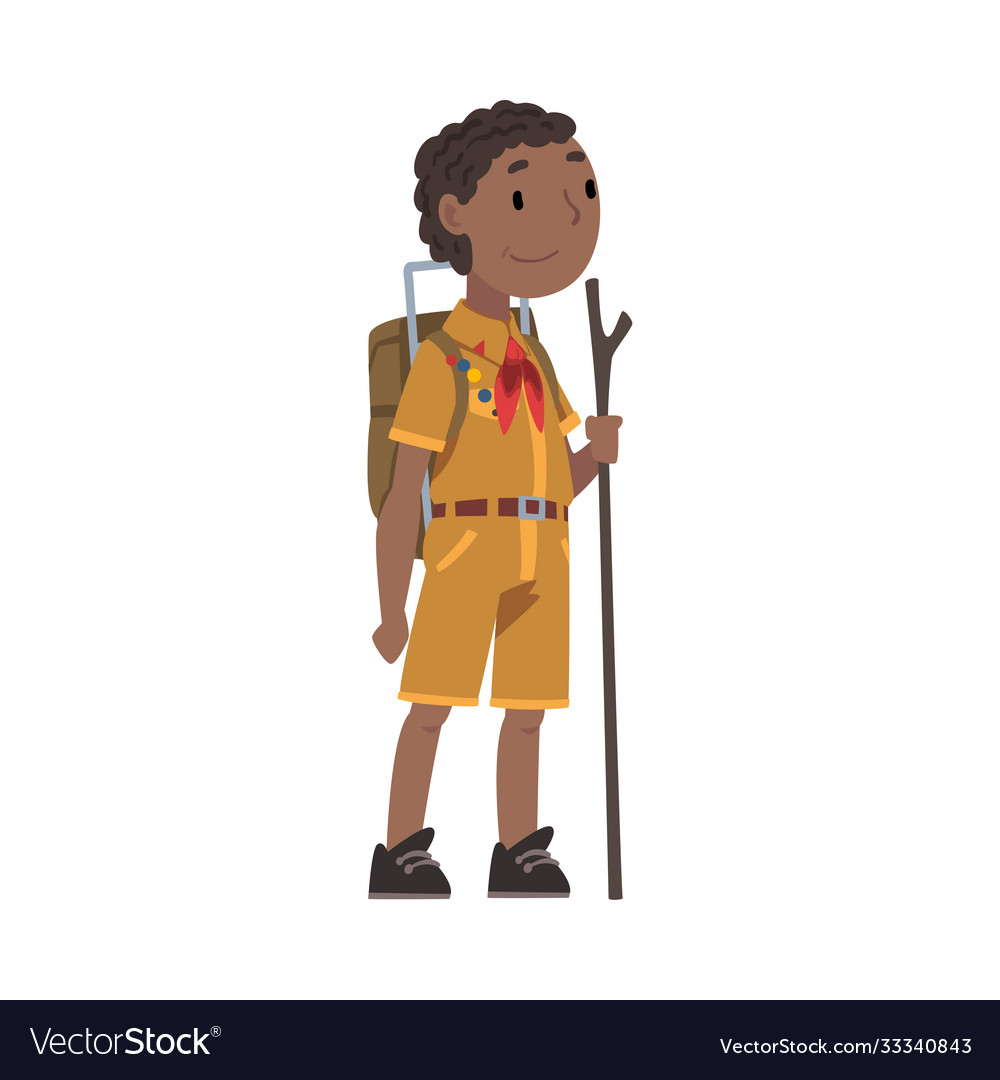 Scout boy with backpack and wooden stick scouting Vector Image