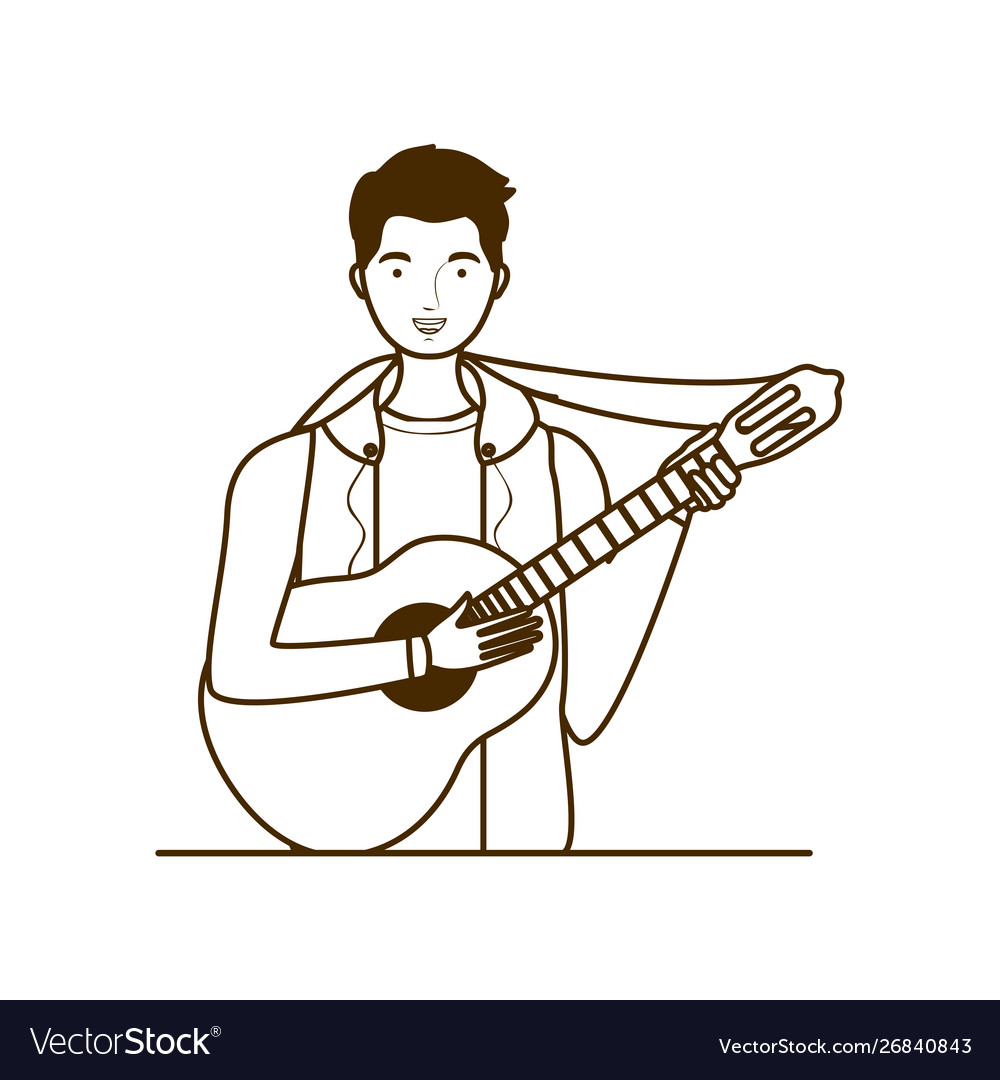 Silhouette man with acoustic guitar on white Vector Image