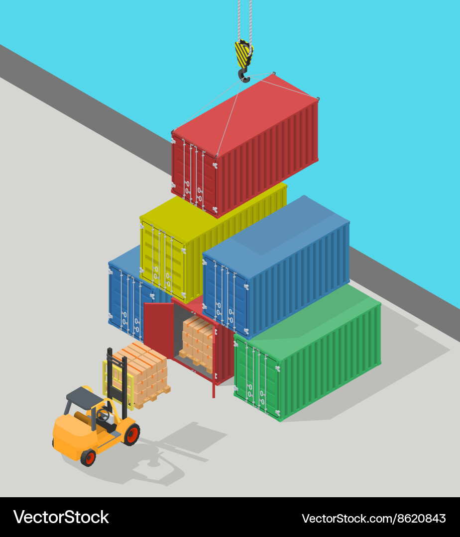 Unloading of sea cargo containers by a forklift Vector Image