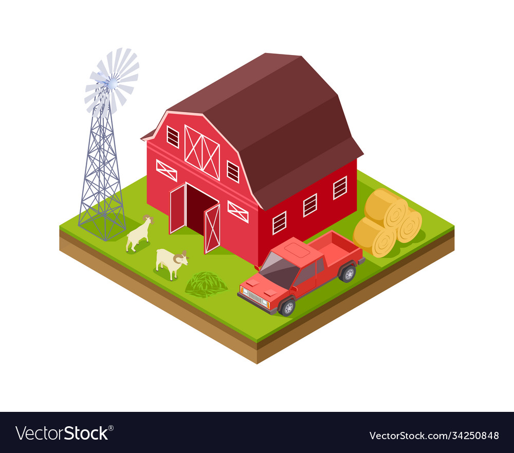 Farm buildings isometric truck livestock windmill