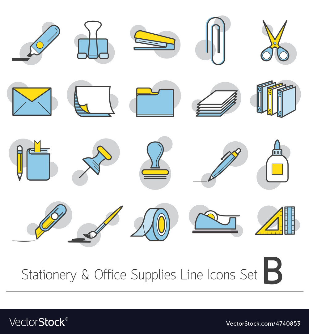 Office supplies and stationery linear icons set