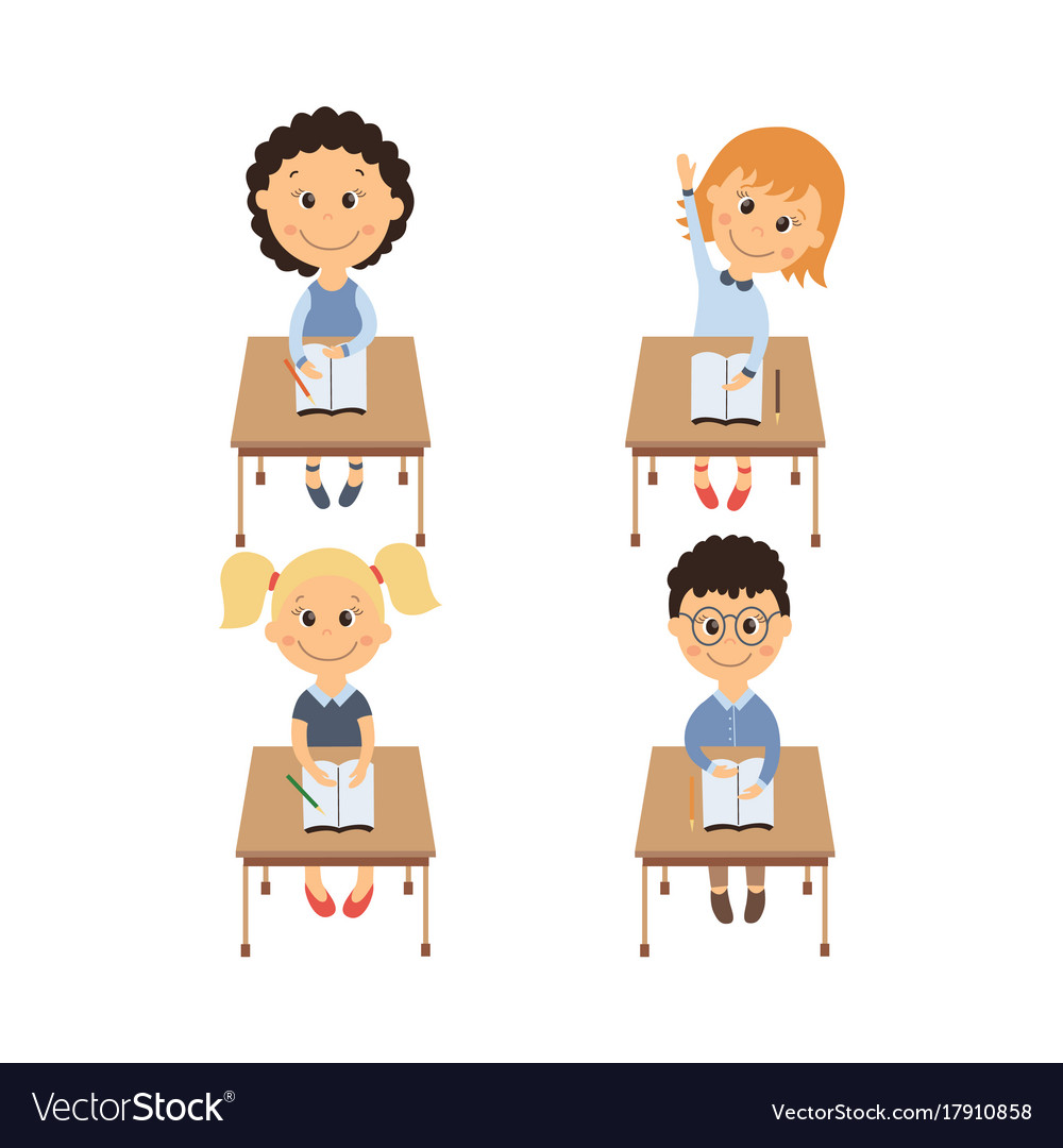 Flat Children Sitting At Desk Set Royalty Free Vector Image