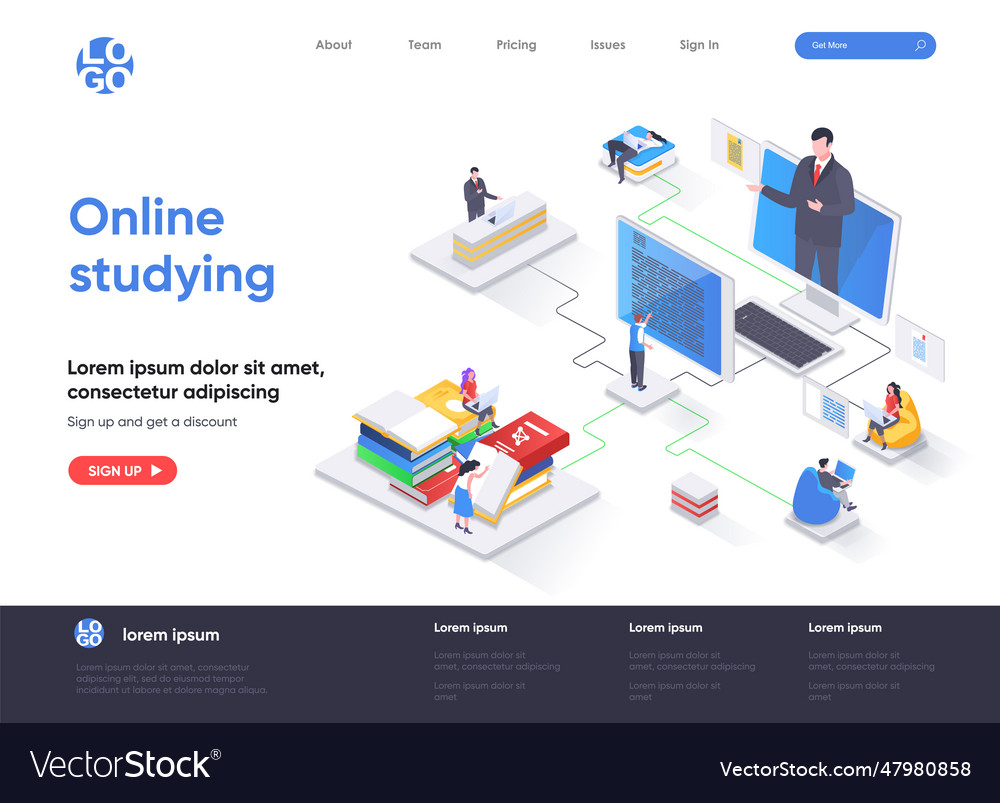 Online studying isometric landing page distance Vector Image