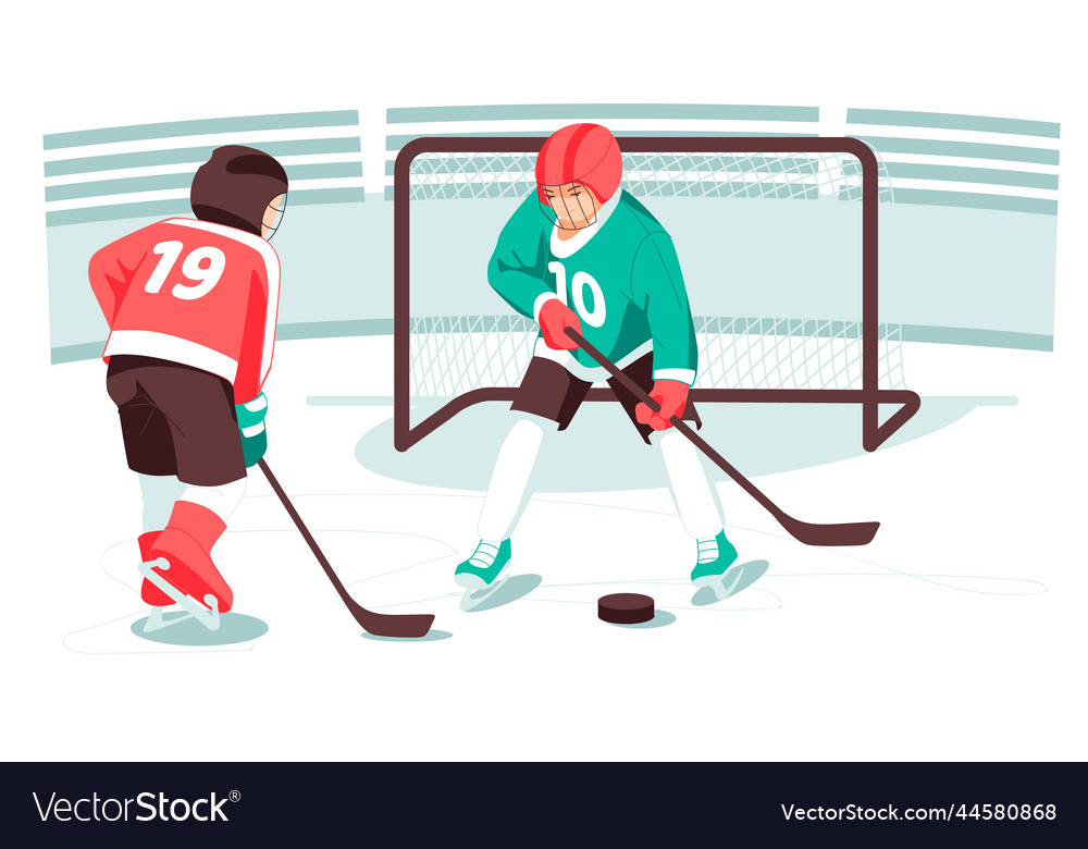 Kids hockey players hockey sticks pucks Royalty Free Vector