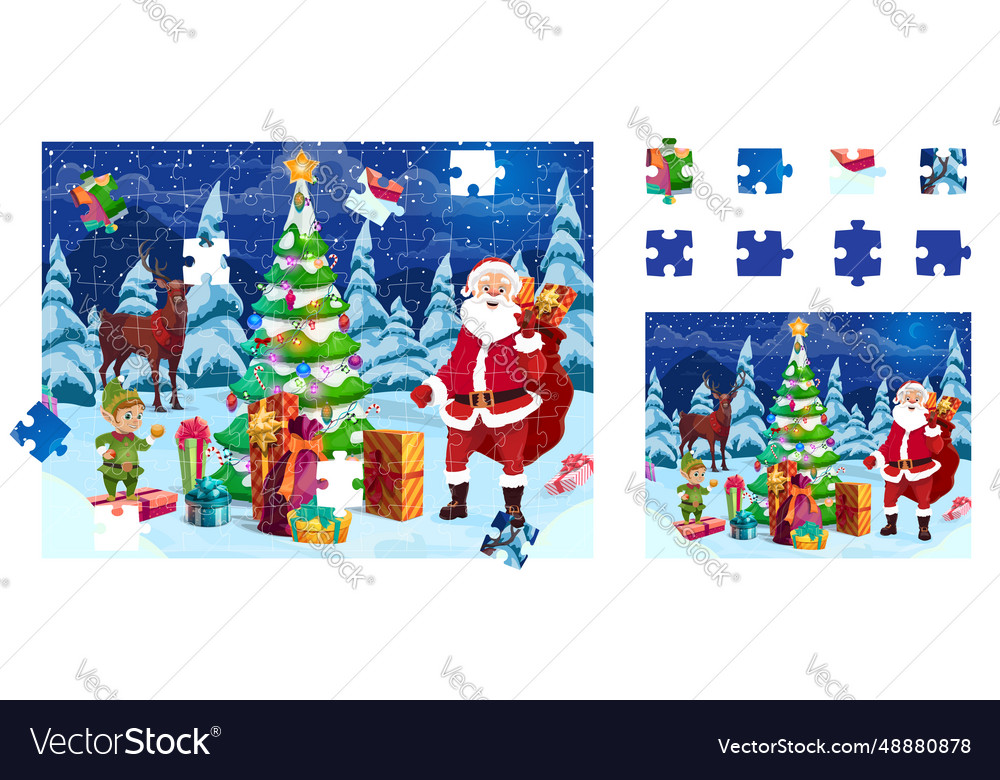 Christmas jigsaw puzzle game with santa gifts Vector Image