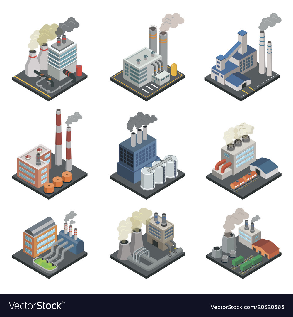 Industrial building factory isometric 3d elements Vector Image